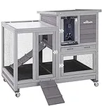 Aivituvin Rabbit Hutch, Indoor Bunny Cage with Run Outdoor Rabbit House with Two Deeper No Leak Trays - 4 Casters Include (Grey)