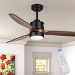 EKIZNSN 52 Inch Outdoor Ceiling Fans with Lights and Remote Control for Farmhouse/Patios, 3 Walnut Wood Blades, Matte Black