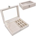 Mikihat Jewellery Boxes with Glass Lid, 9 Grid Jewellery Storage Case, Women's Jewellery Box, Travel, Flocking Necklace, Earrings, Ring, Jewellery Box, Transparent Storage Box for Jewellery, Beige