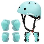 CELOID Kids Helmet Pad Set,Adjustable Kids Skateboard Bike Helmet Knee & Elbow Pads Wrist Guards 5-8-9 Years Kids,Protective Gear Set for Girls Boys Bicycle Roller Sport,Light-blue