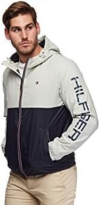 Tommy Hilfiger Men's Lightweight Active Water Resistant Hooded Rain Jacket, Ice/Navy Colorblock, X-Large