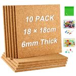 PLULON 10 Pack Cork Boards for Wall 18x18cm, 6mm Thick Self Adhesive Square Cork Board Tiles Bulletin Boards with 100 Push Pins 50Pcs Sticky Notes for Home School Office