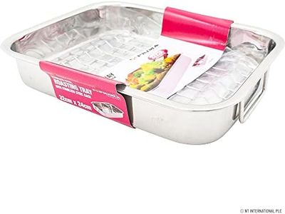 STAINLESS STEEL ROASTING TRAYS OVEN PAN DISH BAKING ROASTER TRAY GRILL RACK | STRONG DURABLE LONG LASTING | REMOVABLE GRILL RACKS | HANDLES (32CM X 24CM)