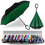 SIEPASA 49/56 Inch Inverted Reverse Upside Down Umbrella, Extra Large Double Canopy Vented Windproof Waterproof Stick Golf Umbrellas with C-shape Handle.(Green, 56 Inch)