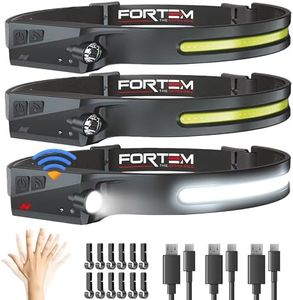 FORTEM Headlamp Rechargeable 3-Pack, 230° Wide Beam LED Head Lamp w/Motion Sensor, 6 Modes for Mechanic, 350 Lumen Hardhat Flashlight, Waterproof Headlight for Camping, Running, Hiking, Cycling