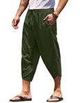 COOFANDY Men's Linen Harem Capri Pants Lightweight Loose 3/4 Shorts Drawstring Elastic Waist Casual Hippie Yoga Trousers, Army Green, 4X-Large