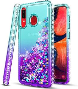 STARSHOP Samsung Galaxy A20 A50 Phone Case, [NOT FIT A51 / A20S] with [Tempered Glass Protector Included], Liquid Floating Glitter Quicksand Bling Shockproof with Spot Diamond Cover -Aqua/Purple