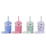 Elk and Friends Kids & Toddler Cups | The Original Glass Mason Jars 8 oz with Silicone Sleeves & Silicone Straws with Stoppers | Smoothie Cups | Spill Proof Sippy Cups for Toddlers (Sage/Plum/Lilac/Misty Blue (4 Pack Sleeve))