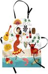 Ambesonne Spain Apron, National Elements Design Bull Guitar and Flamingo Dancer Cartoon Style Composition, Unisex Kitchen Bib with Adjustable Neck for Cooking Gardening, Adult Size, Umber