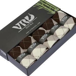VRD Bamboo Rayon Mens Dress Socks, Argyle Design Mid Calf Crew Length Socks for Men Shoe Size 8-13 (Beige Khaki, 5-Pairs)