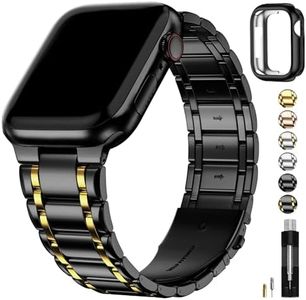 Fullmosa Compatible with Band 45mm 44mm 42mm with TPU Protective Case, Stainless Steel Watch Bracelet Metal Strap for SE/iWatch Band Series 9 8 7 6 5 4 3 2 1 Black Gold