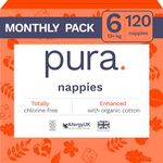 Pura Eco Baby Nappies - Size 6 (13kg+ / 29lbs+), 6 x 20 Nappies (120 Total), Monthly Pack, Ultra Soft Nappies for Sensitive Skin, Organic Cotton, Up to 12hrs Leak Protection, New Size Guide