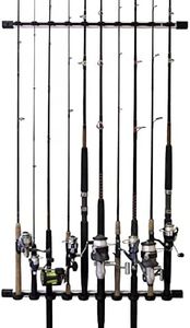Rush Creek Creations 10-Rod Wall or Ceiling Fishing Rod Storage Rack, Vertical or Horizontal Fishing Rod Holder with 10 Rod Capacity, Silver and Black