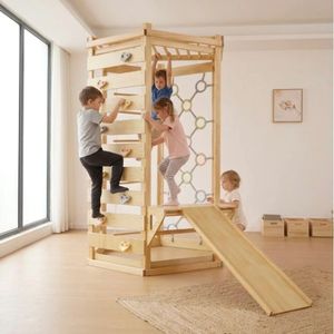 Avenlur Hawthorn 93" Indoor Wooden Jungle Gym with Slide & Rope Net | Montessori climbing playground with ring climber, ladder wall, rope net, upper platform and 55-inch wooden slide
