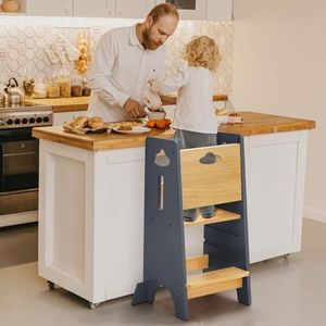 COSYLAND Toddler Standing Tower Adjustable Height - Super Stable Toddler Kitchen Stool Helper - 3 Levels Adjustable Wooden Toddler Kitchen Stool (Natural & Light Gray)