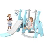 4-in-1 Slide and Swing Set with Climber and Basketball Hoop,Play Climber Slides Playset (Blue－２)