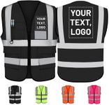 Personalized Safety Vest with Name & Logo - High Visibility Vest for Men & Women - Hi Vis Vest with 2” Wide Reflective Strips and 5 Pockets - Construction & Security Workwear Vests - Black - M