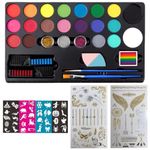 Store2508 Face Body Paint Kit for Kids – 20 Colours Non-Toxic Water Based Face Painting Set with Glitter Hair Chalk Brushes Sponges Stencils and Tattoos – Safe Skin Friendly Washable Paints for Parties Festivals Halloween