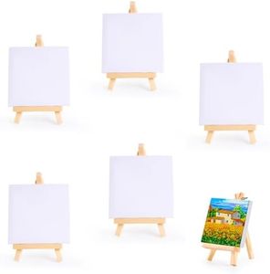 5 Piezas Mini Lienzo con Caballete, 10x10cm Lienzo para Pintar con Pequeño Caballete de Madera, Lienzo de 10x10 cm con Caballete de 15x8 cm para Dibujar, Mostrar Fotos, Póster de Notas Fotográficas