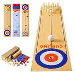 3 in 1 Table Top Shuffleboard Pucks and Bowling Ball and Curling Games, Mini Tabletop Game with 8 Rollers, Portable Tabletop Family Game for Indoor Outdoor