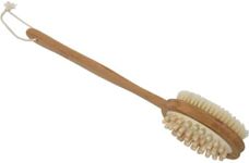Natural Bamboo Body Brush with Long Handle - Dual-Sided Back Scrubber for Exfoliation, Massage and Circulation Boost - Bristles, Massage Nodes, Hanging Rope