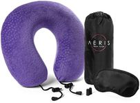 aeris Purple Travel Pillow for Airplanes and Car - Memory Foam Neck Pillow with Sleep Mask, Earplugs, Carry Bag, Adjustable Toggles, Machine Washable Velour Cover, Purple