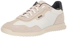 BOSS Men's Zayn Low Profile Suede Leather Two Tone Sneaker, Off White/Cream White, 12