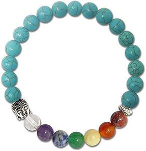 cotigo Pulsera Chakras de 7 piedras, Pulsera Piedras Naturales - Pulsera Bolas con Elástico, Pulsera Energética Yoga para Mujer o Hombre (Turquesa)