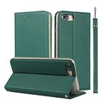 iCoverCase Genuine Leather Case for iPhone 7 Plus/iPhone 8 Plus, Wallet Case with Wrist Strap and Card Slots Magnetic Closure Kickstand Feature Flip Cover for iPhone 7 Plus/8 Plus (Green)