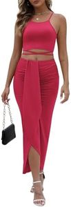 HUUSA Two Piece Skirt Set Sexy Maxi Dress for Women Date Night Spaghetti Straps Sleeveless Crewneck High Split Pleated Asymetric Hem Slim Fitting Knit Formal Long Dress Pink XL