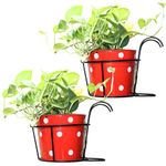 Leafy Tales Hanging Flower Pot Holder Railing Potted Plant Stand for Home Balcony Décor, Black, Set of 2 (Metal Basket-2)