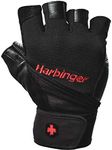 Harbinger Pro Wristwrap Weightlifting Gloves with Vented Cushioned Leather Palm (Pair), Large , Black