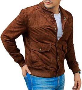 Jild Varsity Letterman Real Suede Jacket Men - Button Down High School Baseball Style Leather Bomber Jacket Men (SB-Brn-XL)