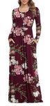 Viishow Women's Long Sleeve Floral Dress Loose Plain Maxi Dresses Casual Long Dresses with Pockets(Floral Wine red,Large)