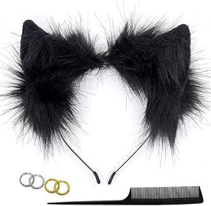 GaliaFaya Cat Wolf Fox Dog Ears Headband Handmade Faux fur Cosplay Halloween Costume Party (Black, One Size)