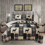 Lodge Bedspread Set Full/Queen Size Rustic Cabin Quilt Set Deer Bedding sets Lightweight Coverlet Reversible Bedspreads Elk Moose Bedcover Dark Green Beige Plaid Patchwork Bedding Country Decor