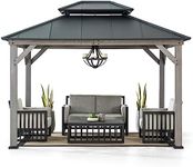 Sunjoy 10 x 12 ft. Wood Gazebo, Outdoor Patio Steel Hardtop Gazebo, Cedar Framed Wooden Gazebo with 2-Tier Metal Roof, Suitable for Patios, Lawn and Backyard, Matte Black Roof + Gray Wood Frame