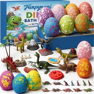 Dinosaur Egg Bath Bombs for Kids with Surprise Inside, 12 Pack Textured Dino Egg Set with TPR Toys, Extra 6 Dinosaurs & Volcano Playset, 12 Scents Organic Fizzies, Birthday Gifts for Boys