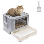 Foldable Cat Litter Box with Lid Front Entry&Top Exit,Cat Litter Bag Storage&Fur Brush Design Drawer Type Cat Litter Box Including Cat Litter Scoop,Easy Clean, Large Capacity (Grey)