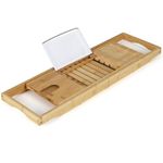 COSTWAY Bamboo Bath Tray, Expandable Bathtub Caddy Tray Bridge with Book Rest, Wine Glass Holder and Mobile/Tablet Tray, Adjustable Bath Shelf Table Over Tub Rack Board Bathroom Organiser, Natural