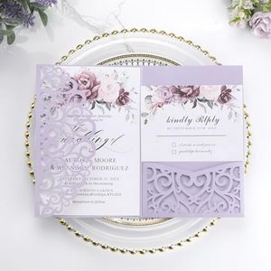 Wedding Invitations with Envelopes and RSVP Cards 50PCS Purple Laser Cut Invitation Blank Cards and Envelopes Seals RSVP Cards for Wedding Birthday Invitations Girl Baby Bridal Shower Party Invitation