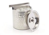 BarCraft BCICEBUCHAM Stainless Steel Ice Bucket with Lid and Tongs, 1.5 Litres (2.5 Pints) - Hammered Finish, Silver