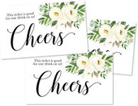 50 White Floral Drink Ticket Coupons for a Free Drink at Weddings, Work Events or Party Bar, One Free Beer Wine Alcohol Soft Drink or Food Vouchers, Flower Cheers Large Drinking Paper Raffle Cards