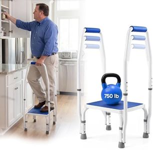 Platinum Health AdjustaStep(tm) Bariatric DoubleSafe Deluxe Step Stool/Footstool with Dual Handle/Handrail, Height Adjustable. Modern White/Blue Design. Padded Non-Slip Hand Grips