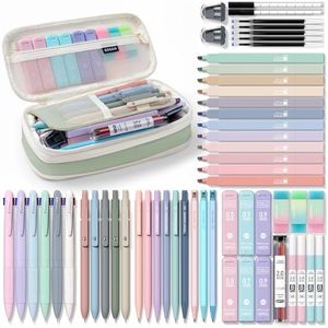 Four Candies 56 PCS Aesthetic School Supplies with Large Pencil Case, 6 Colored Ballpoint Pens, 12 Pastel Highlighters, 5 Black Ink Gel Pens, 9 Mechanical Pencils 0.5-2.0mm Student Essentials (Green)