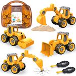 Eucomir 4 in 1 Construction Vehicles Digger Toys Set for 3 Years Old Boys, DIY Excavator Truck Toy with Screwdriver, Building Educational Take Apart Assembly Engineering Truck for Kids (Yellow)