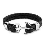 GNOCE Anchor Leather Bracelet for Men Braided Genuine Leather Bracelet with Stainless Steel Punk Wrist Cuff Bracelet Gift For Men (Black, 21)