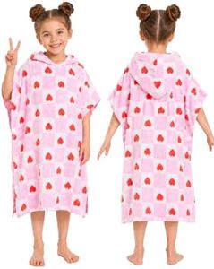 Alix & Belle Kids Hooded Towel Poncho, 100% Cotton Soft Absorbent Changing Robe for Boys & Girls, Swim Cover Up for Beach & Pool 8-14 Years Pink Heart