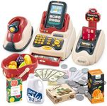 deAO Kids, Toy Till Cash Register with Scanner, Credit Card,Play Food,Money and Groceries Shopping Basket for Boys and Girls, Multicoloured, 43 x 20.5 x 17 Centimeters