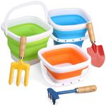 Jumbo Foldable Beach Buckets with 3 Metal Shovels Rake Spades, Beach Sand Toys Set for Kids Adults, Large 3L Collapsible Bucket, Water Bucket for Summer, Easter, Travel, Garden Tool 6 Pack